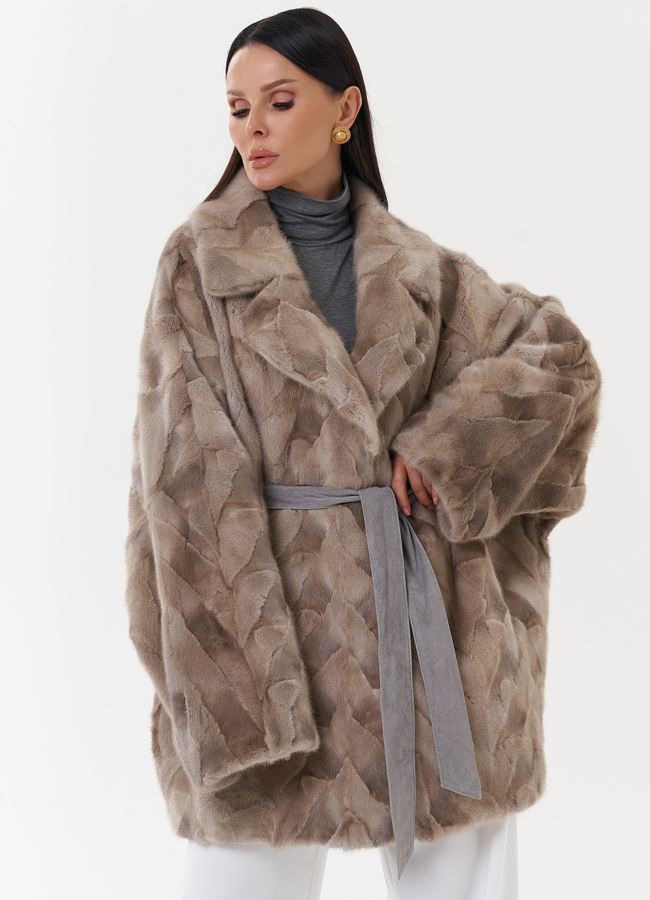 Шуба из меха скандинавской норки с поясом модель № 27626 меха малина