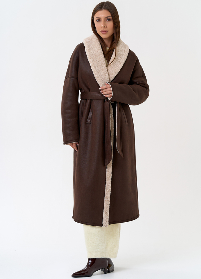 Женская двухсторонняя дубленка из эко замши с воротником шаль модель № 31437 универмаг малина