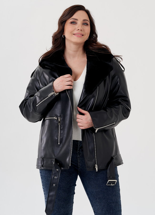 Куртка-косуха из эко кожи на утеплителе с натуральным мутоном модель № 24213 универмаг малина