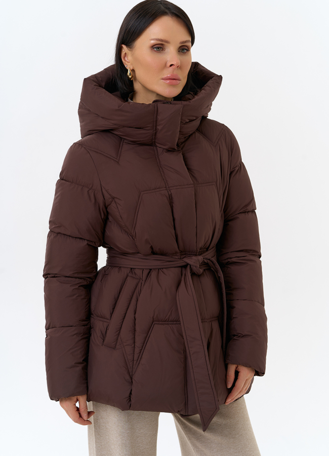 Женский пуховик с поясом модель № 32040 универмаг малина