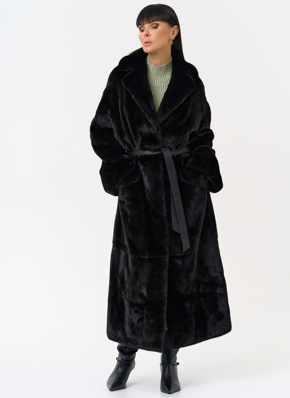 Длинная шуба из меха норки blackglama с поясом