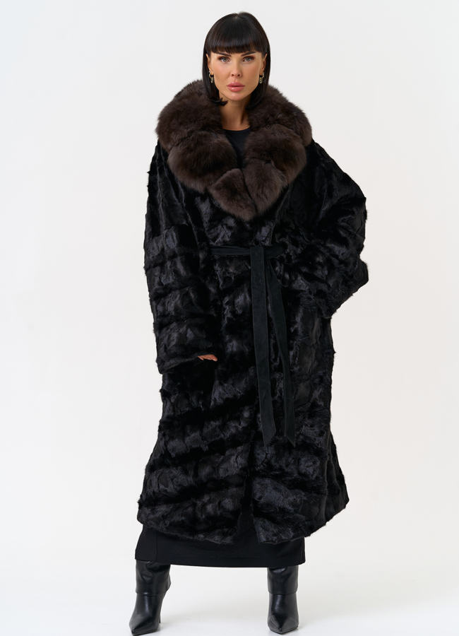 Женская шуба из меха норки с воротником из меха песца модель № 31487 меха малина