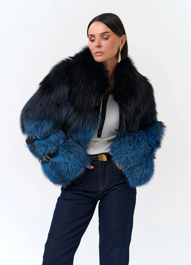 Шуба из меха чернобурой лисы с декоративными ремешками модель № 33765 универмаг малина
