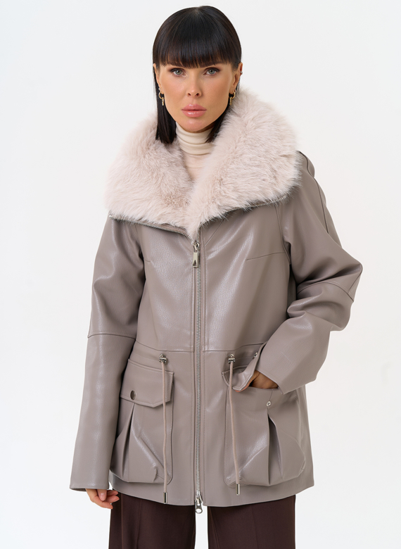 Удлиненная куртка из эко кожи с воротником из эко меха
