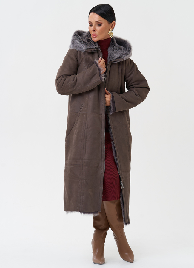 Дубленка с отделкой из тосканы с капюшоном модель № 28954 универмаг малина