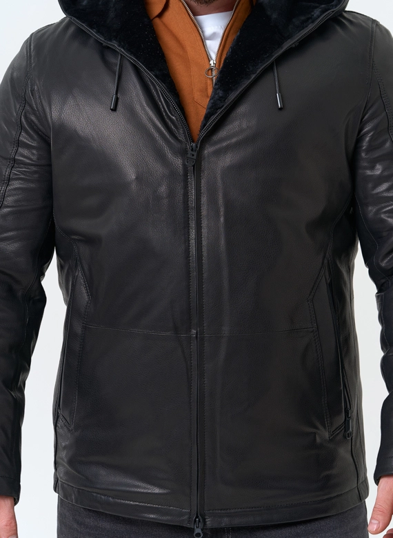 Мужская натуральная дубленка с капюшоном фото
