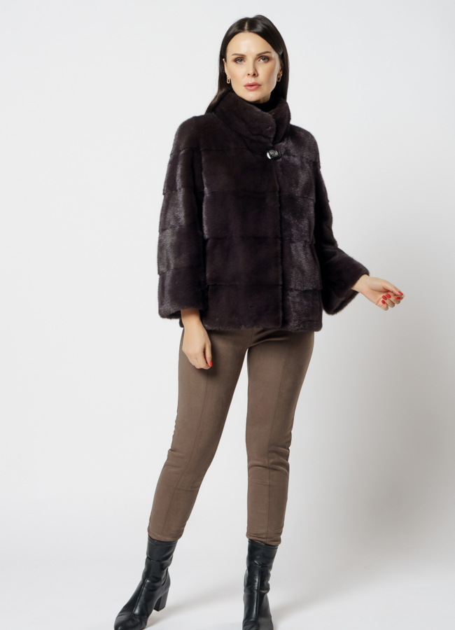 Норковая шуба с воротником стойкой коричневого цвета модель № 26159 в рассрочку