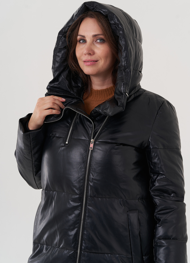 Женский пуховик из эко кожи с капюшоном модель № 24865 универмаг малина