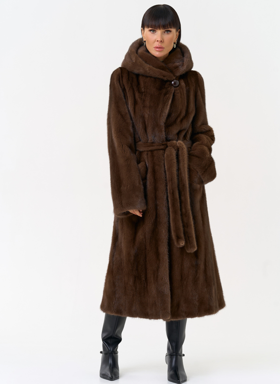 Женская шуба из меха норки с капюшоном 