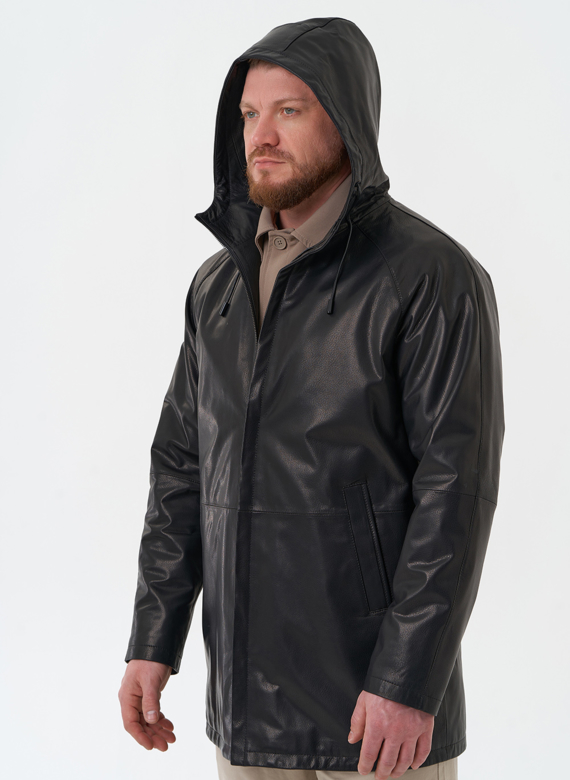 Мужская парка из натуральной кожи с капюшоном