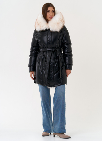 Женский пуховик из эко кожи с отделкой из эко меха