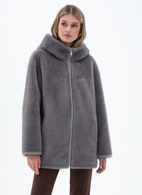 Женская двухсторонняя дубленка из эко кожи с капюшоном