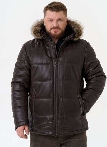 Пуховик из эко кожи с капюшоном из меха енота