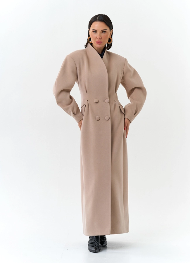Женское длинное пальто с акцентными рукавами модель № 32784 меха малина