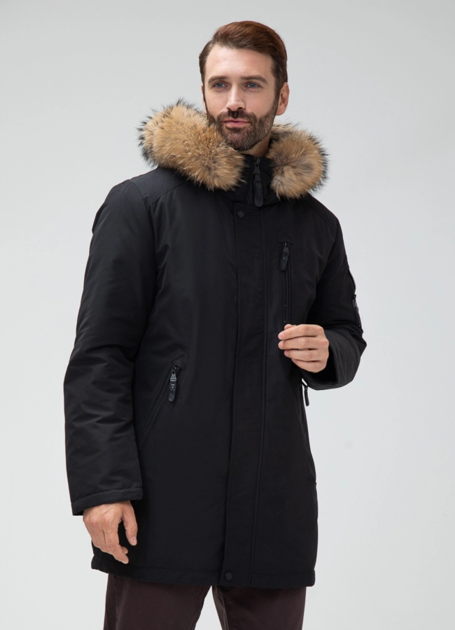 Мужской пуховик с капюшоном из меха енота модель № 28001 универмаг малина