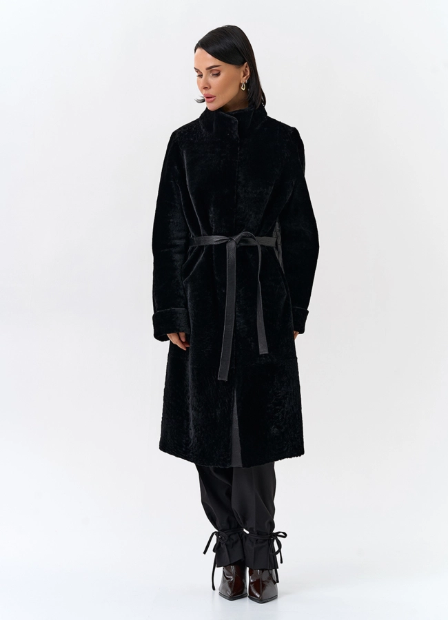 Женская двухсторонняя дубленка с поясом модель № 32198 универмаг малина фото