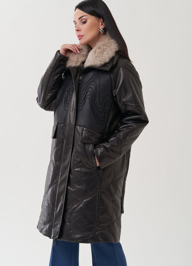 Пуховик из натуральной кожи с отделкой из меха песца модель № 25376 универмаг малина