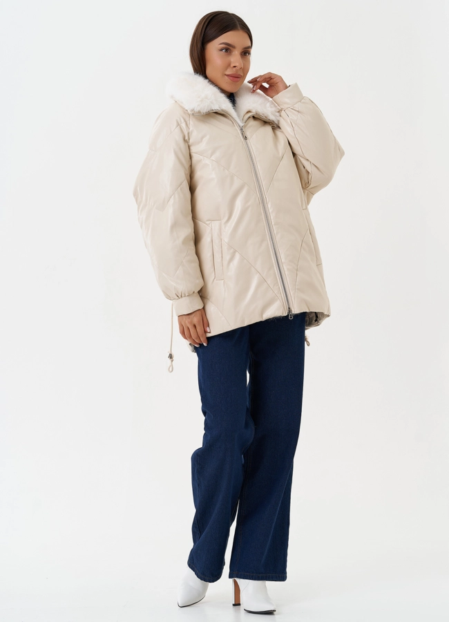 Пуховик из эко кожи с воротником из эко меха модель № 27990 в рассрочку