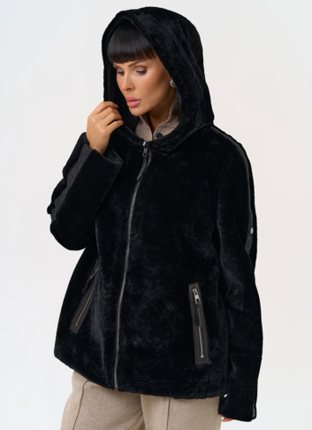 Женская двухсторонняя дубленка с капюшоном