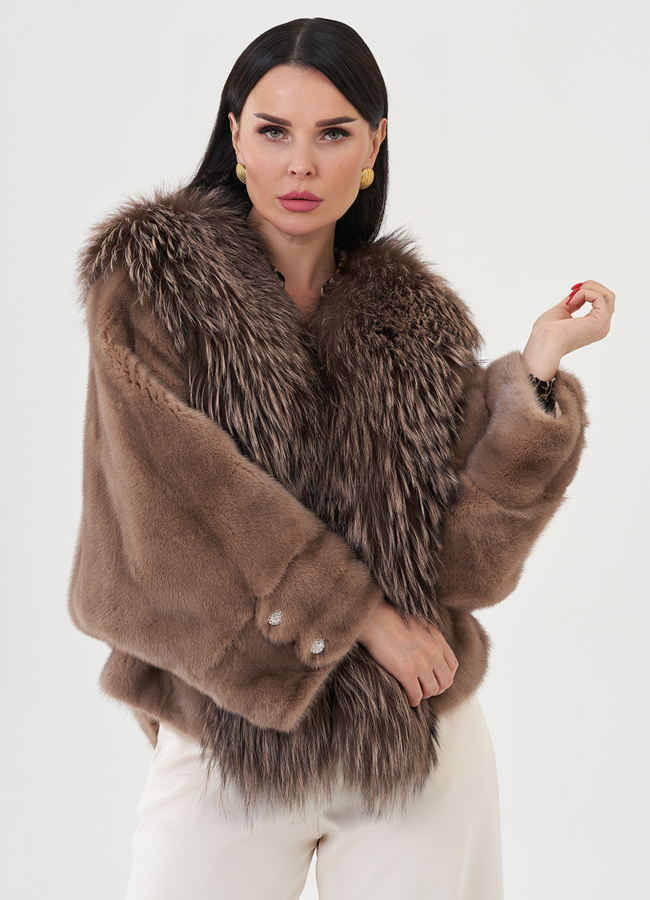 Куртка из норки с отделкой из меха чернобурки  модель № 24740 универмаг малина