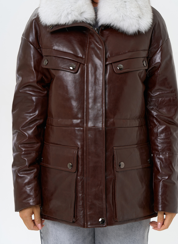 Коричневый кожаный пуховик