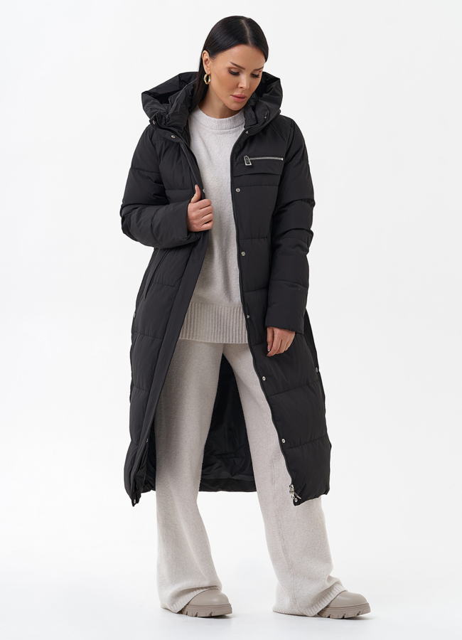 Длинный пуховик с капюшоном модель № 29179 универмаг малина