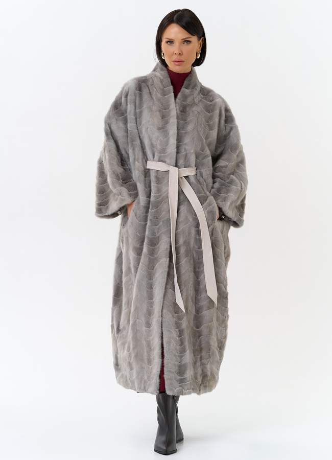 Шуба из меха норки с поясом модель № 31196 меха малина