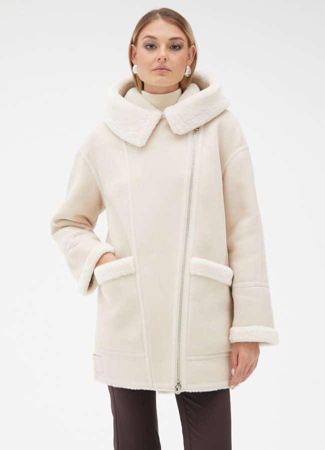 Женская удлиненная дубленка из эко кожи модель № 32023 меха малина